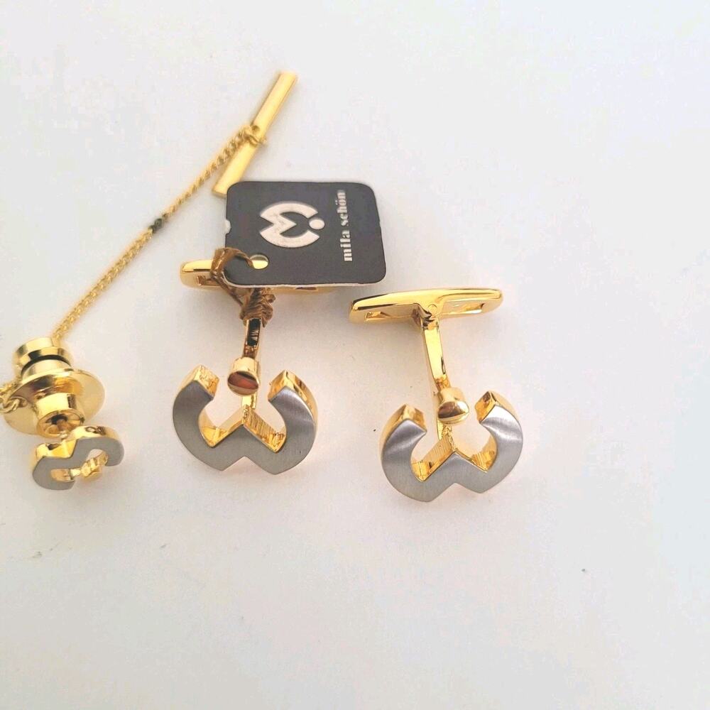 Mila Schon M Logo Tie Pin Clip‎ Cufflinks Set Gold Silver Tone Designer New